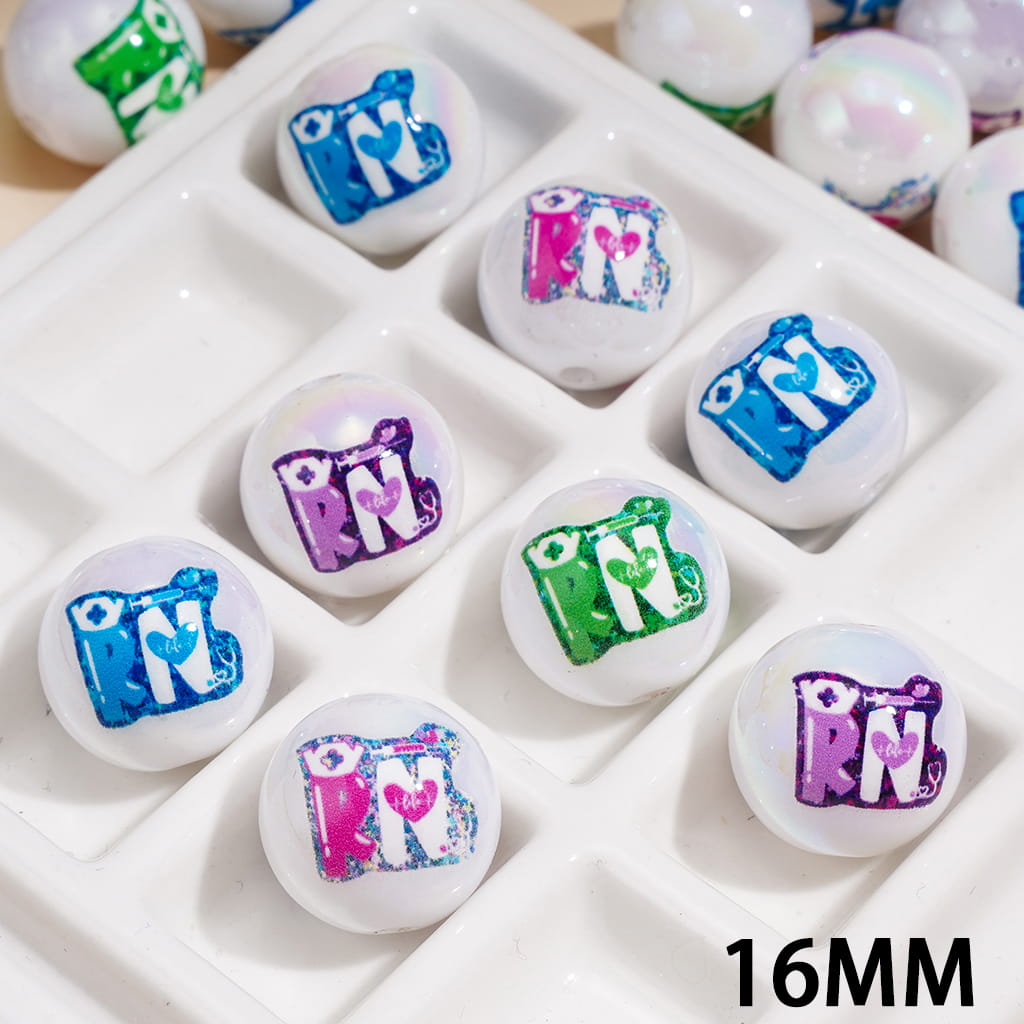 Colored "RN" UV Coating Acrylic Beads for Bracelets, 16MM, Random Mix