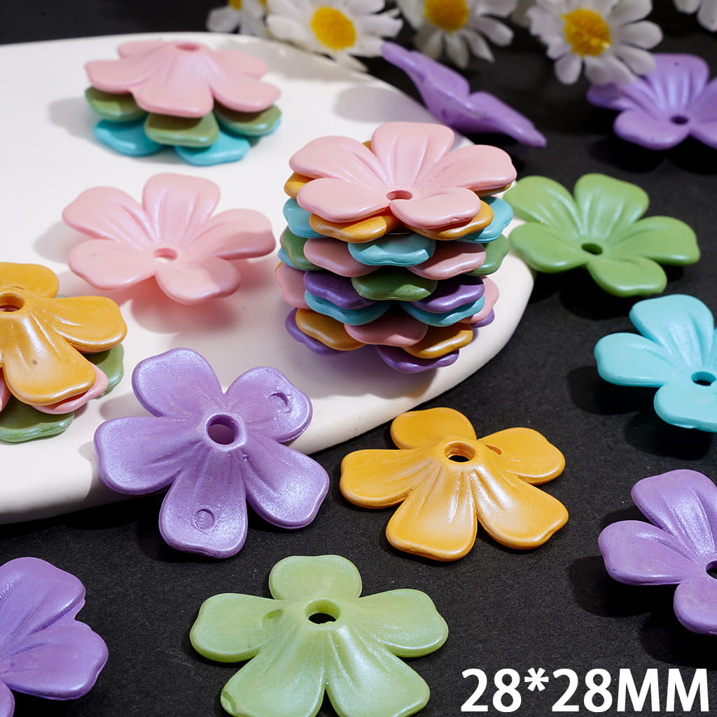 UV Coating Five-Petaled Flower Series Acrylic Beads, 28*28MM, Multi-Color, Random Mix