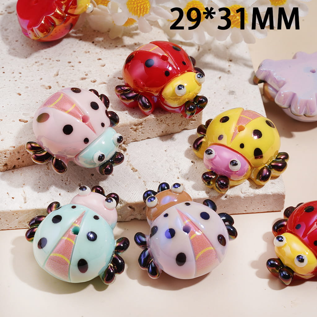 Acrylic Beads UV Coating Cute Ladybug Series, 29*31MM, Multi-Color, Random Mix