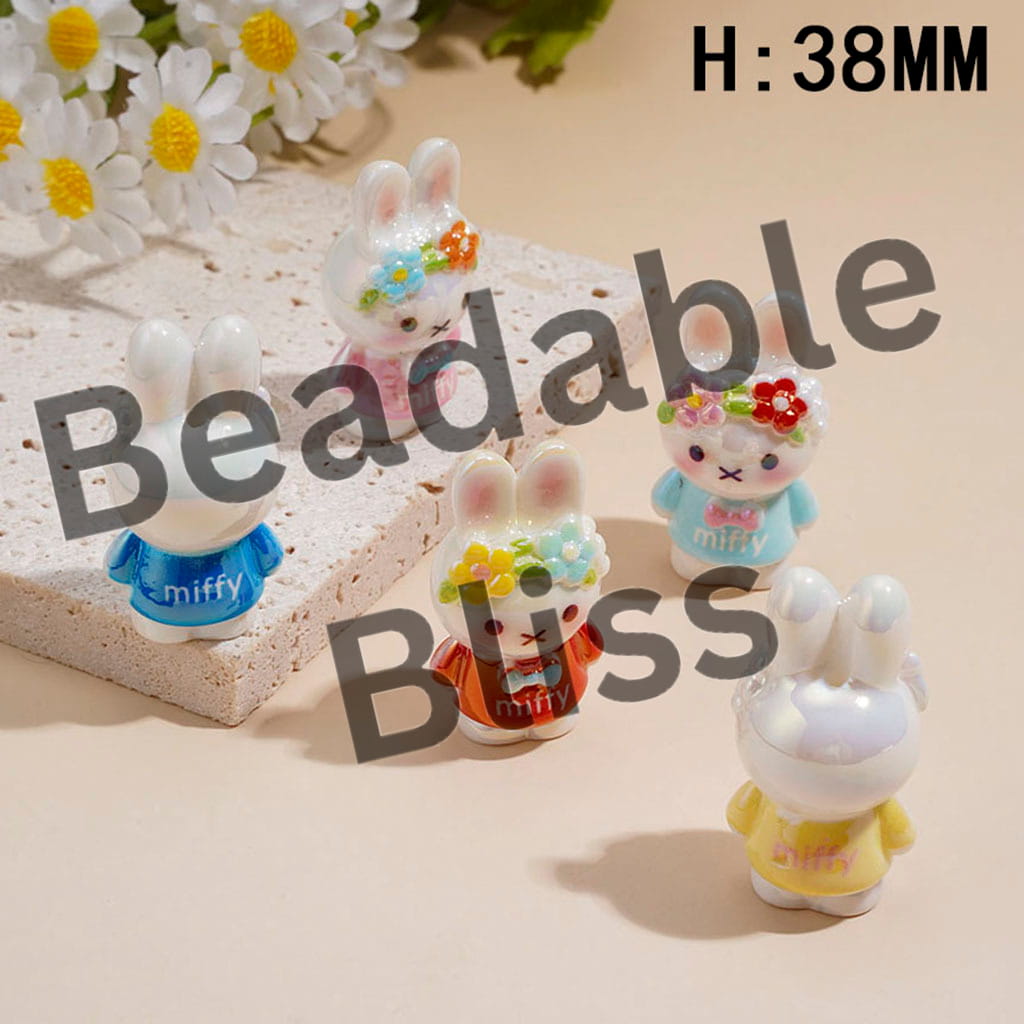 UV Coating Classic Bunny Character with Floral Head Crown Acrylic Beads, Height 38MM, Random Mix