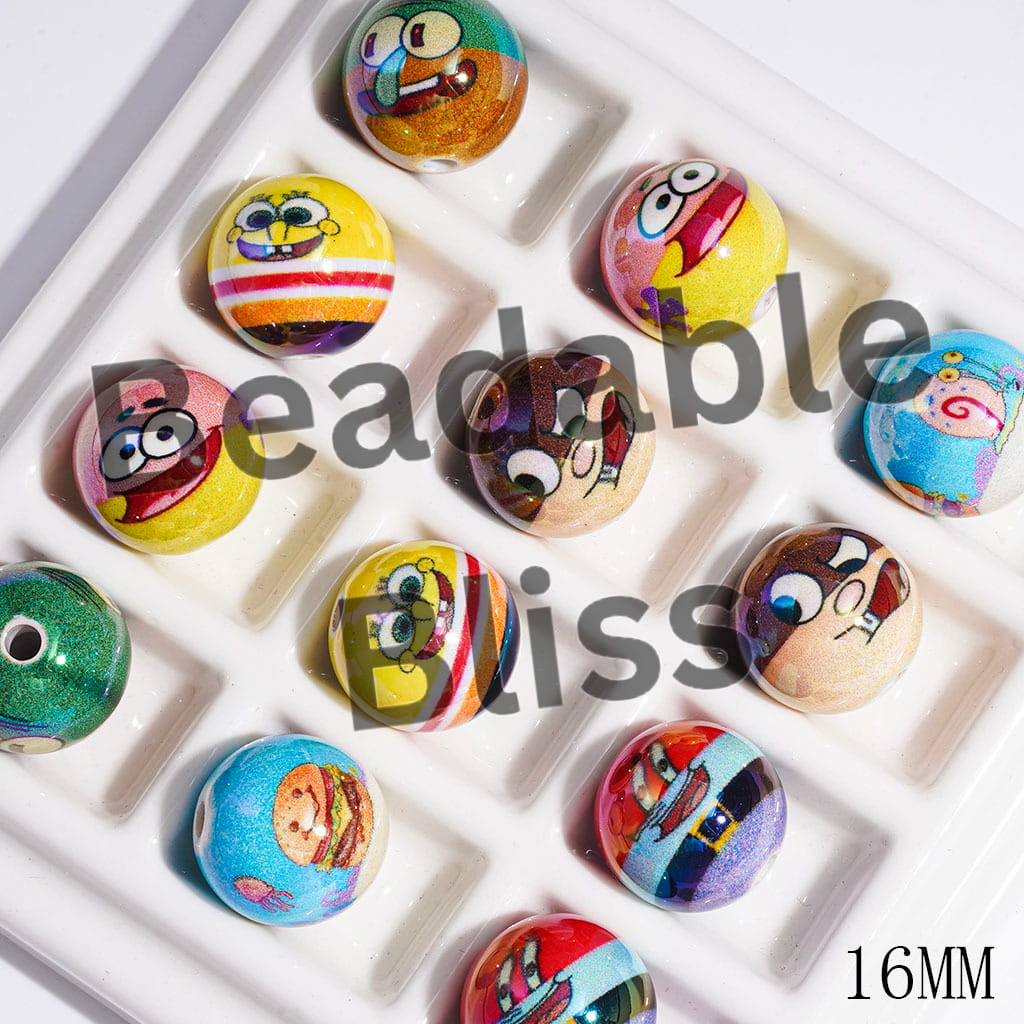 UV Finish Yellow Sponge Character Print Series Acrylic Beads for Bracelets, 16MM, Random Mix