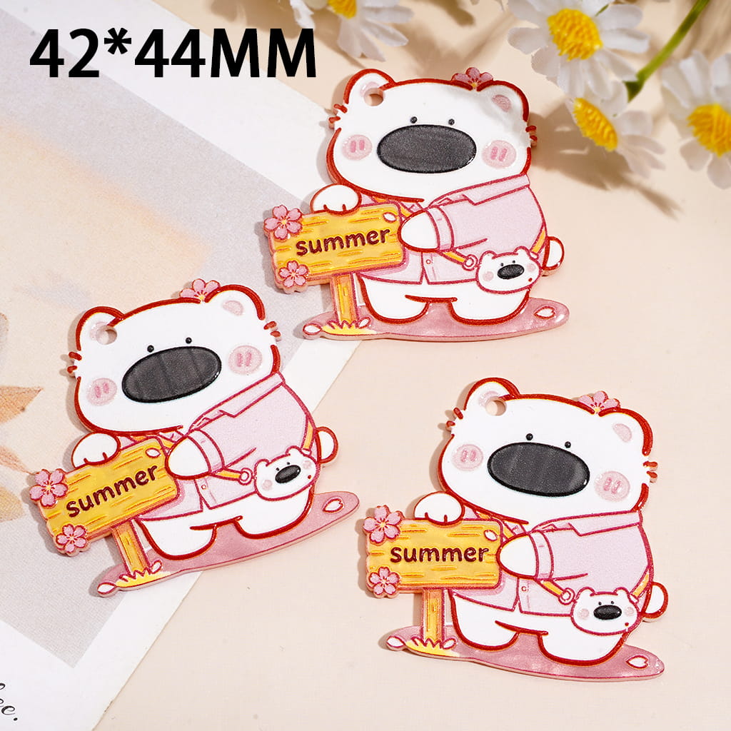 Acrylic Charm Pendant w Bear Holding “Summer” Sing Board, Hanging Loop, 42*44MM