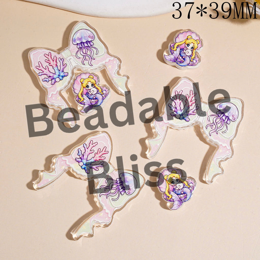 Acrylic Beads with Marine Life Theme Bow and Small Ornament Piece, 37*39MM