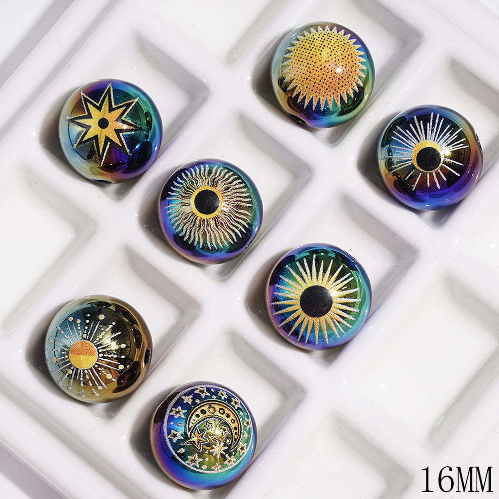UV Finish Acrylic Beads for Bracelets with Yellow Moon & Sun & Star Patterns, 16MM, Random Mix