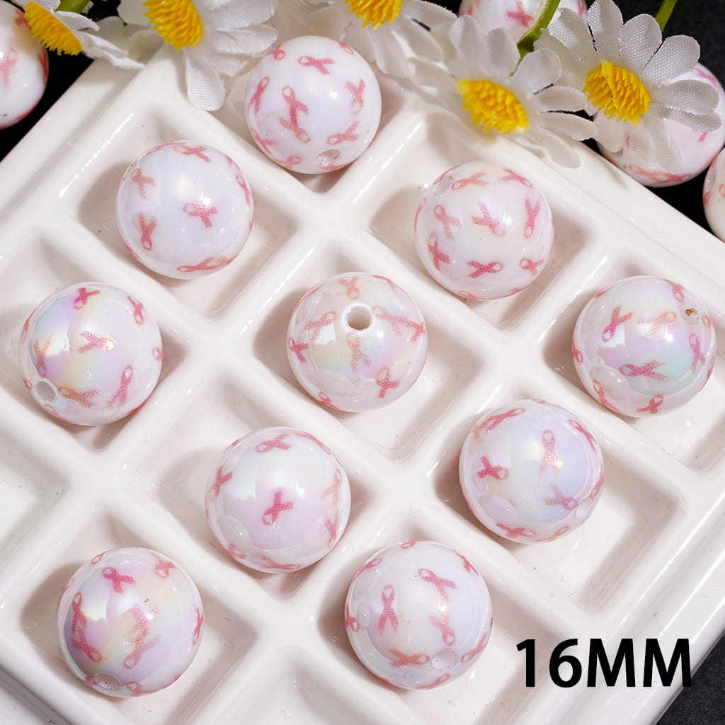 Acrylic Beads for Bracelets UV Coating w Pink Ribbon Bowtie in Breast Cancer Theme, 16MM
