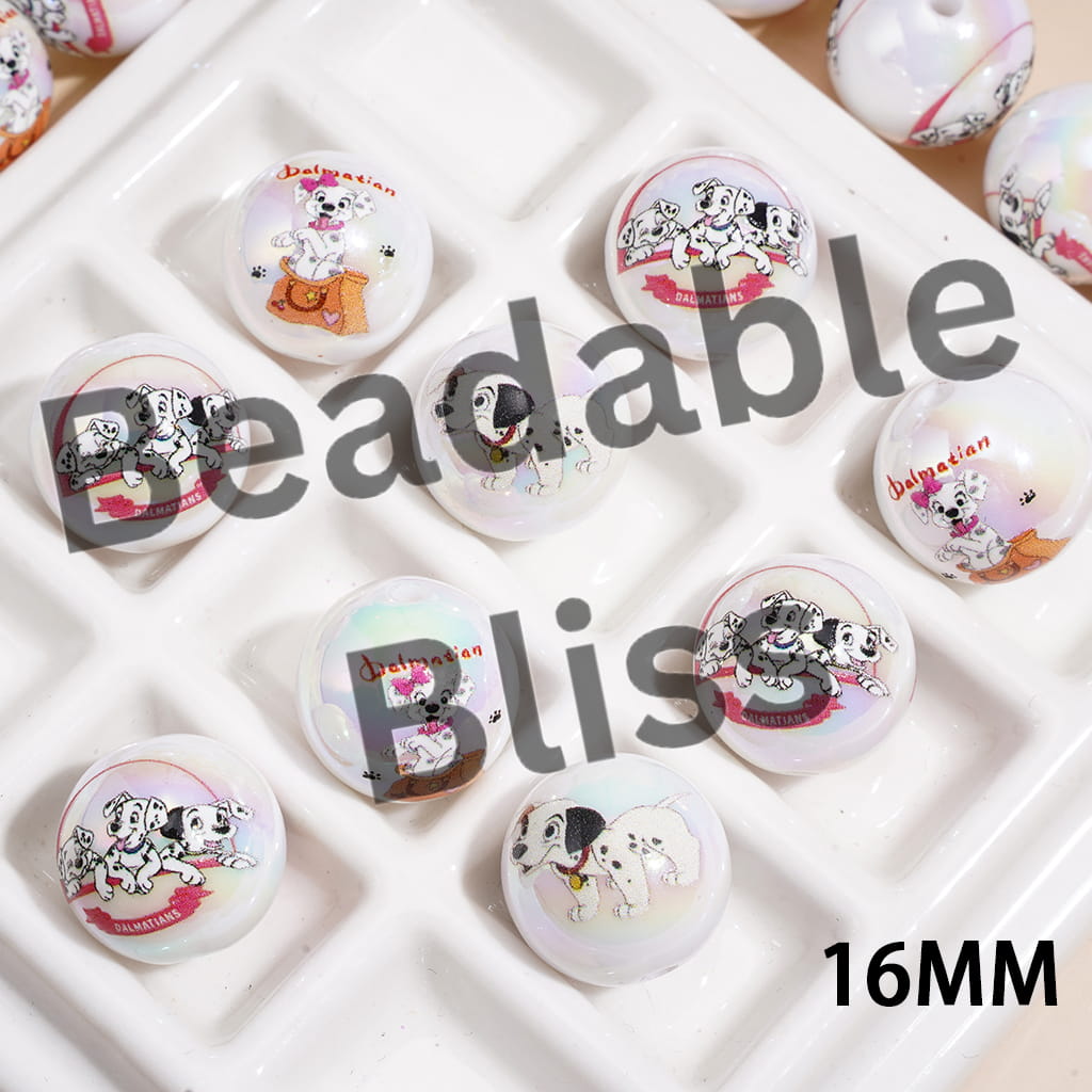 Acrylic Beads for Bracelets UV Coating w Loyal Dalmatians Dog Character, 16MM, Random Mix