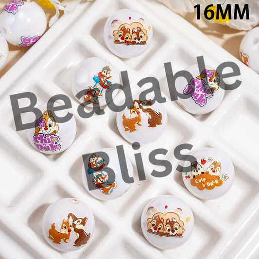 UV Coating Acrylic Beads for Bracelets w Brother Chipmunk Character Series, 16MM, Random Mix