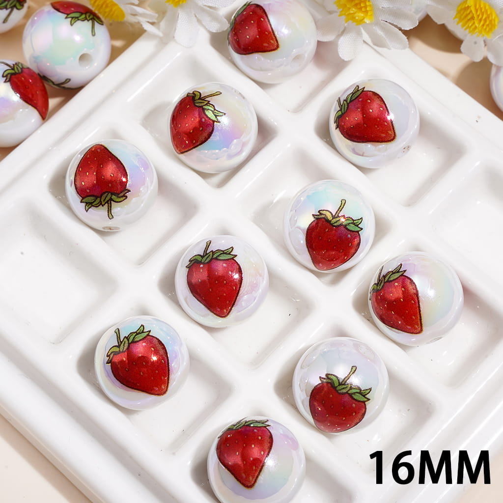 Acrylic Beads for Bracelets UV Coating with Red Strawberry Print, 16MM