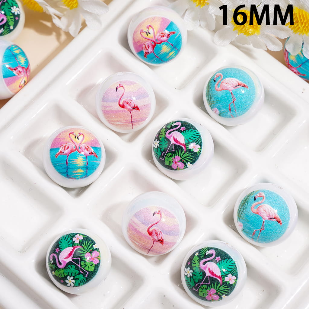 UV Coated Acrylic Beads for Bracelets w Flamingo Theme, 16MM, Random Mix