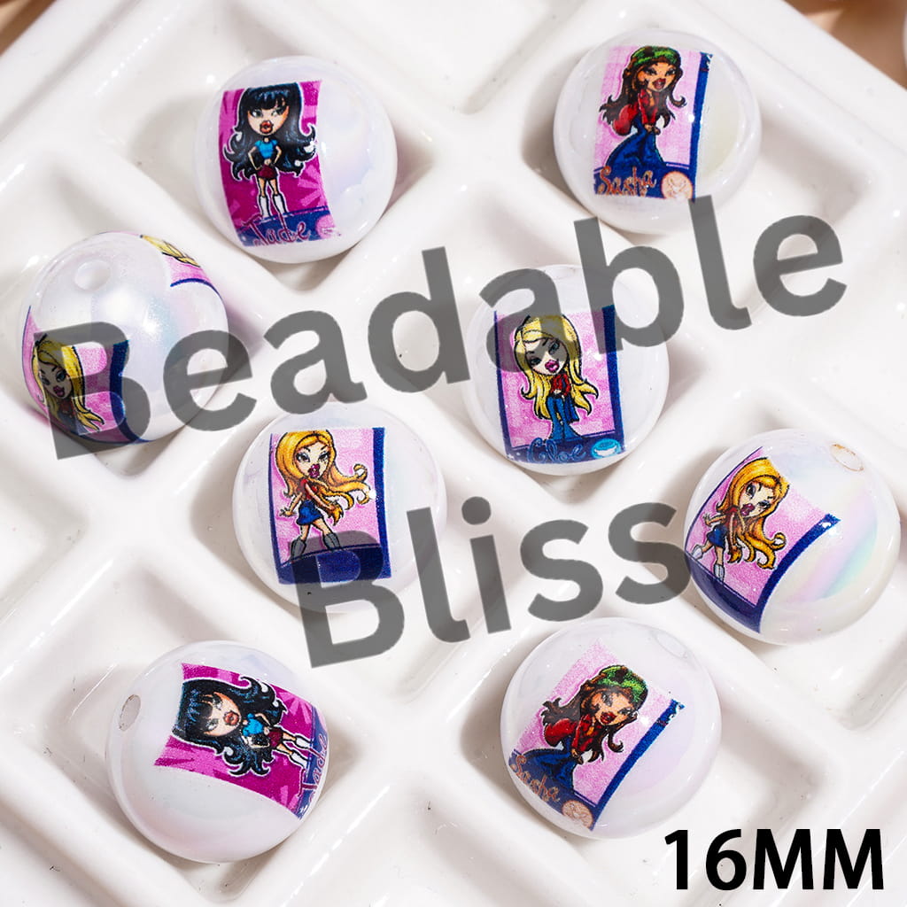 Acrylic Beads for Bracelets UV Coating w Gothic Style Doll Print Series, 16MM, Random Mix