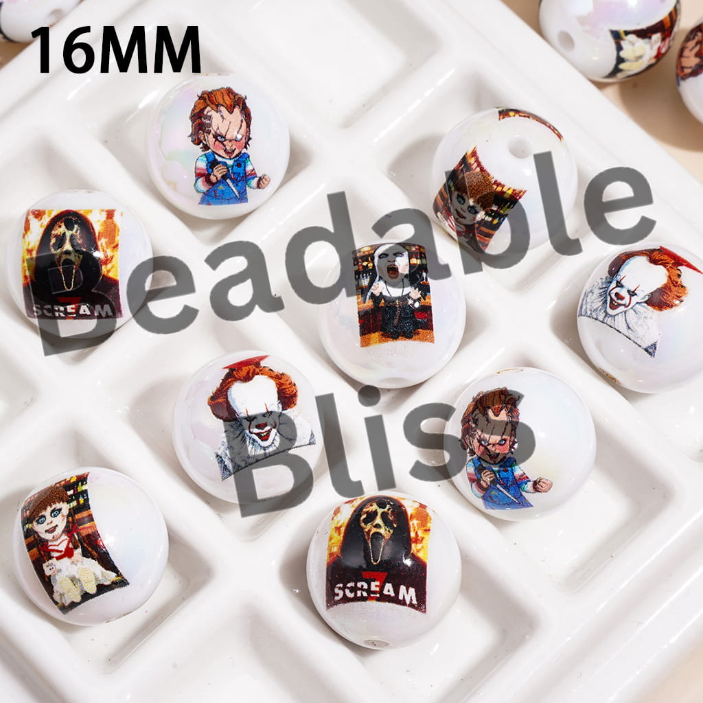 Halloween Spooky Horror Character Theme UV Coating Acrylic Beads for Bracelets, 16MM, Random Mix