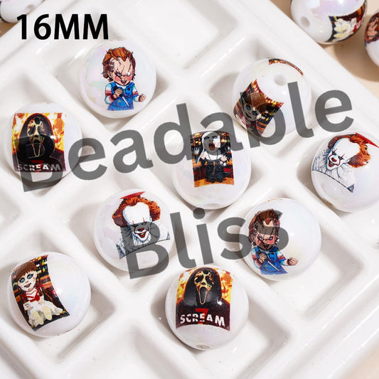 Halloween Spooky Horror Character Theme UV Coating Acrylic Beads for Bracelets, 16MM, Random Mix
