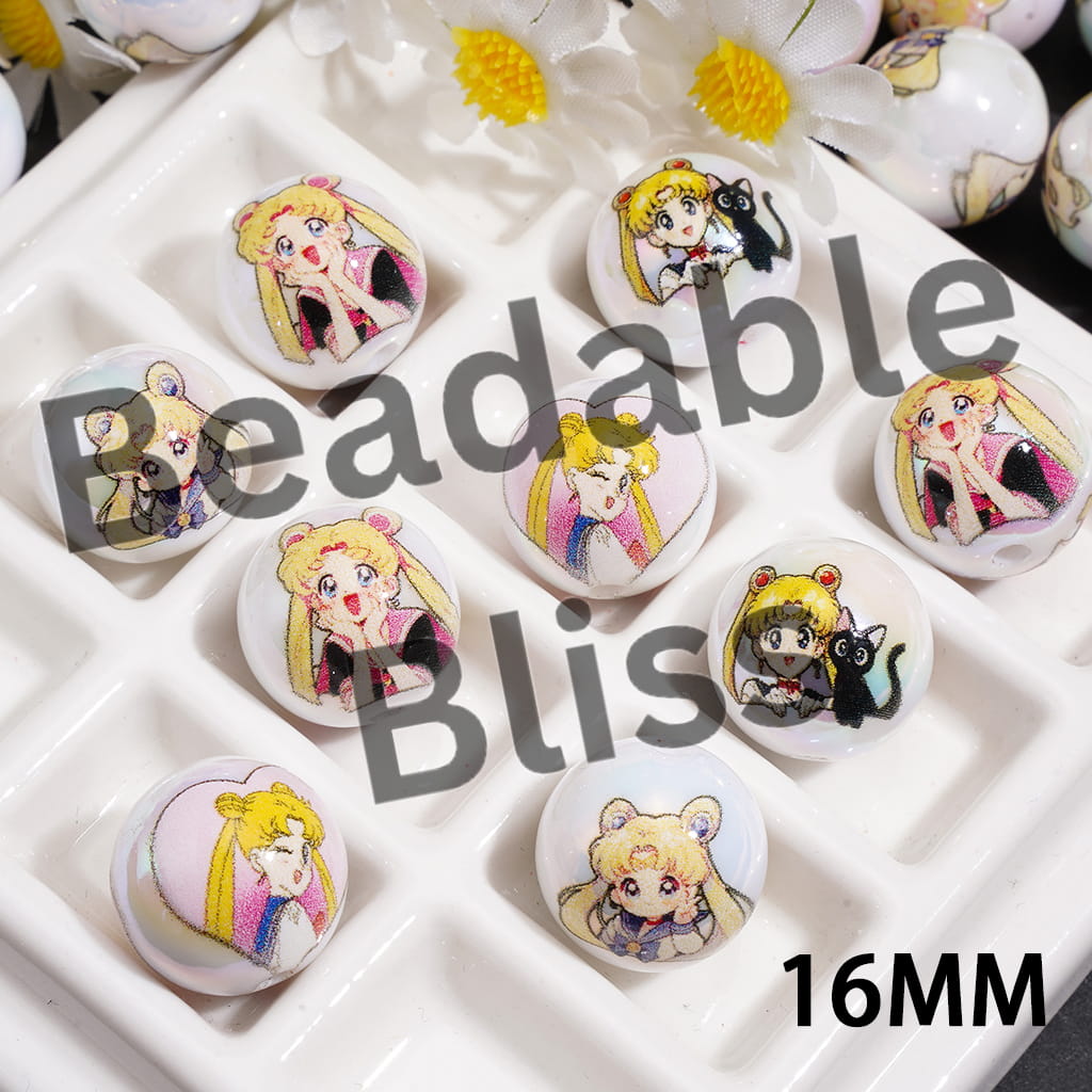 Acrylic Beads for Bracelets UV Coating w Magical Girl Guardian Character, Cartoon Style, 16MM, Random Mix