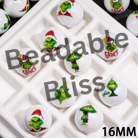 Funny Christmas Green Character Series UV Coating Acrylic Beads for Bracelets, 16MM, Random Mix