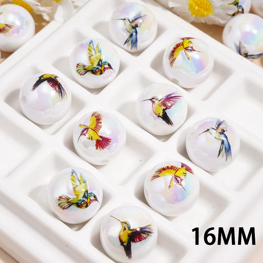 UV Coating Acrylic Beads for Bracelets with Hummingbird Theme, 16MM, Random Mix
