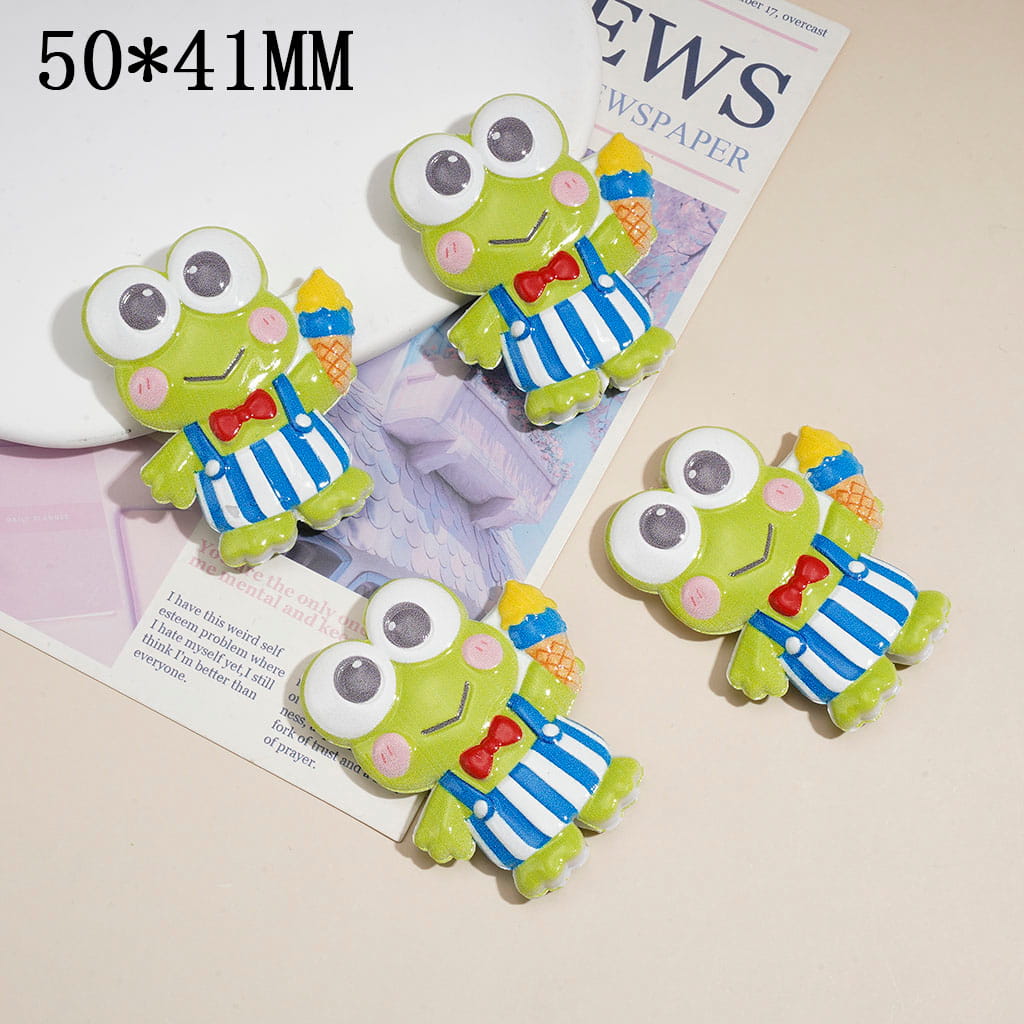 Acrylic Beads w Big-Eyed Frog Character Holding Ice Cream, Raised Textured Design, 50*41MM