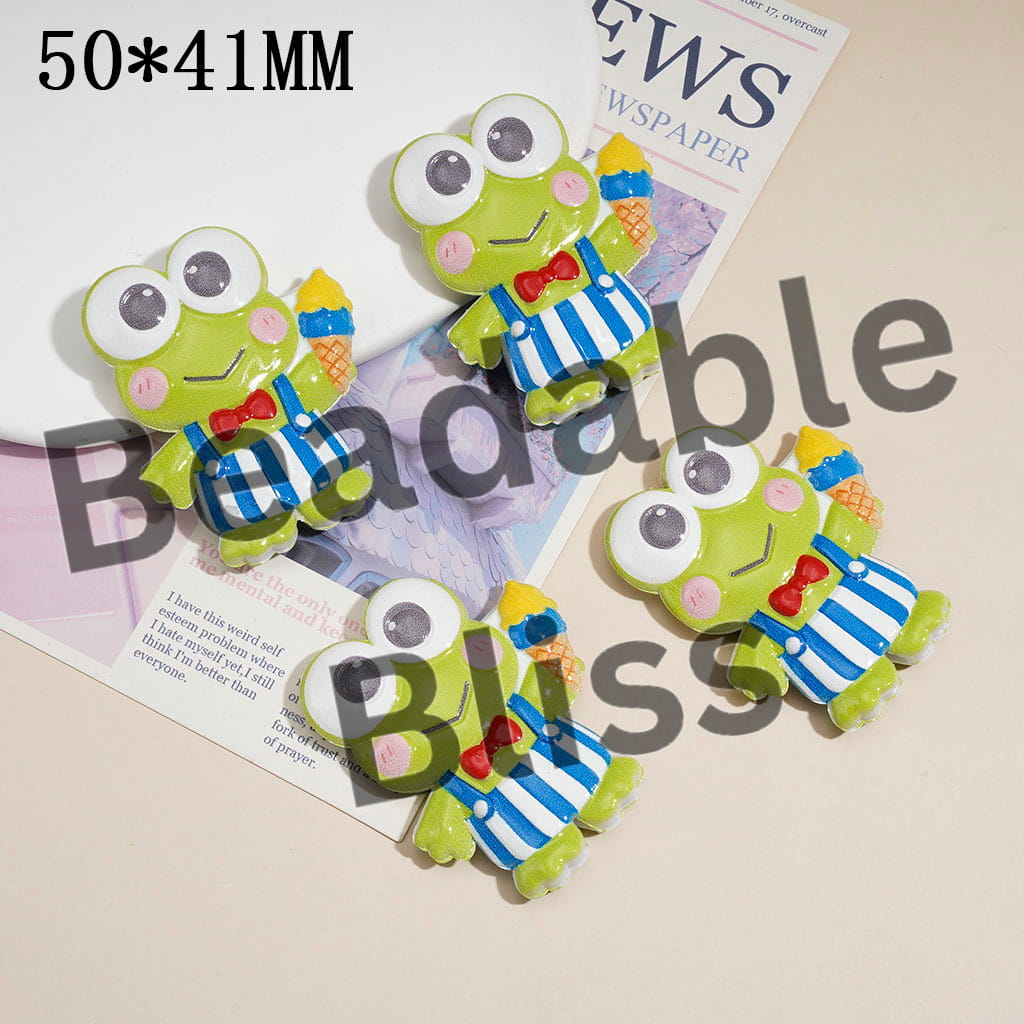 Acrylic Beads w Big-Eyed Frog Character Holding Ice Cream, Raised Textured Design, 50*41MM