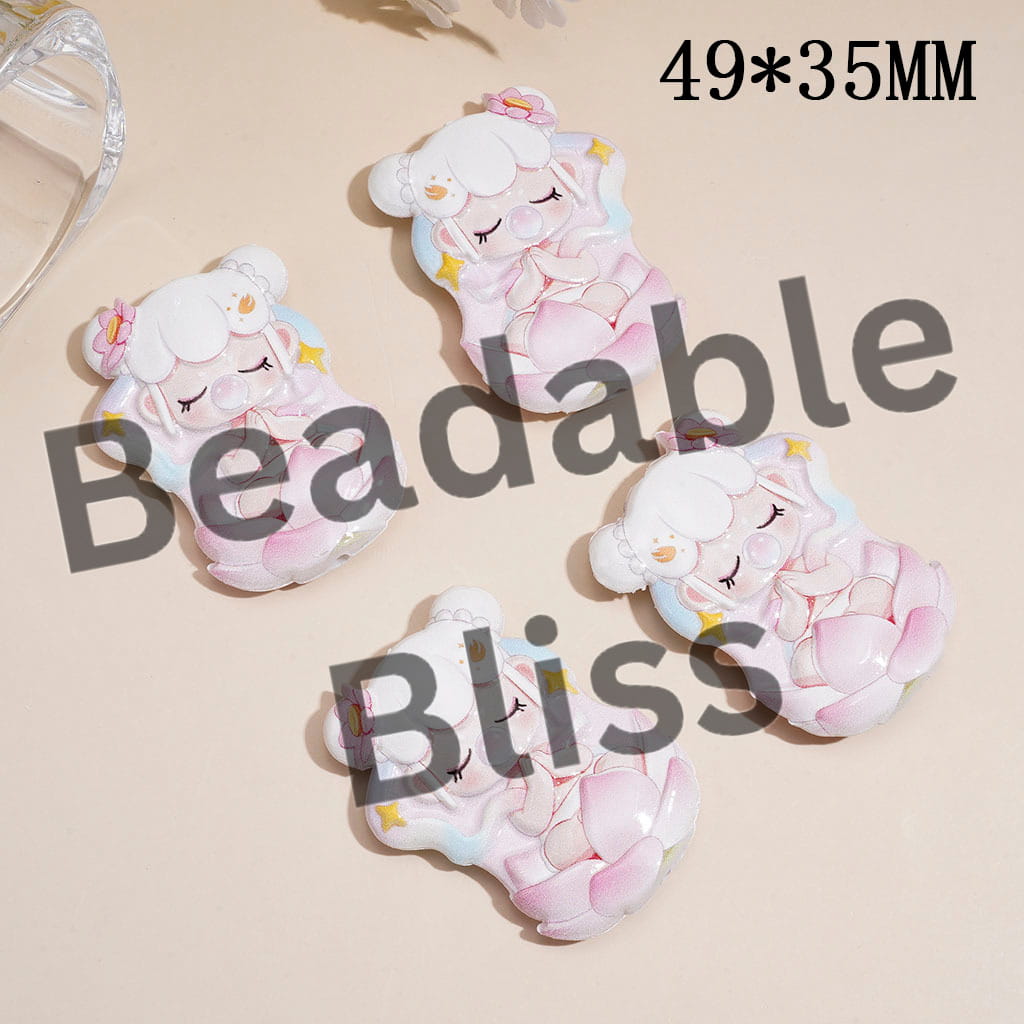 Acrylic Beads w Sleeping Girl Blowing Bubbles & sitting on Lotus Flower, Raised Textured, 49*35MM