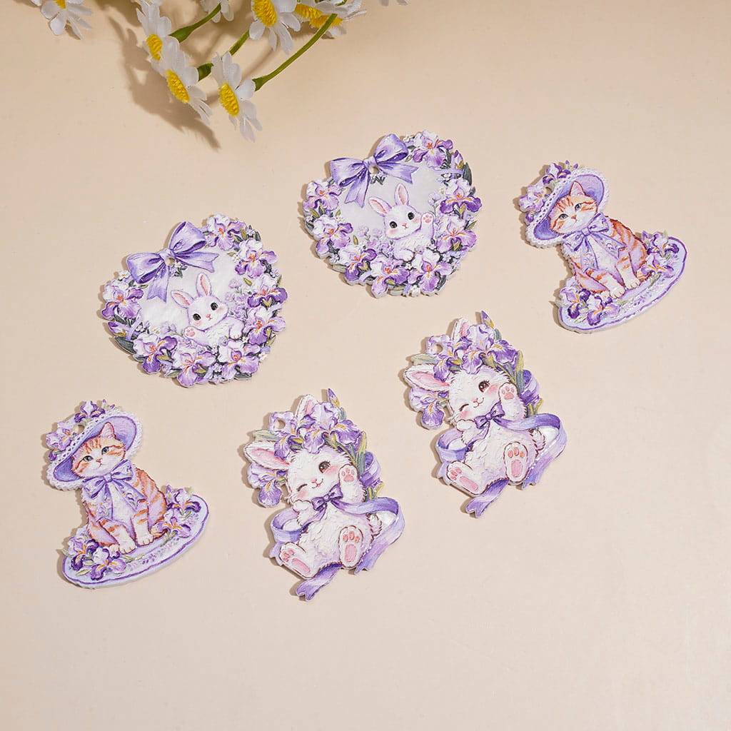 Acrylic Charm Pendants with Purple Iris Flower, Bunny & Kitten Design, Random Mix