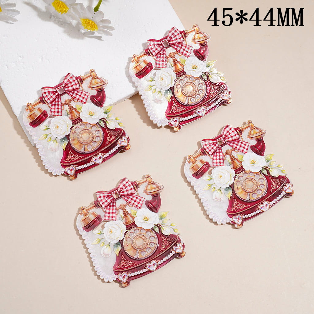 Acrylic Charm Pendants w Vintage Telephone Design, Floral Detail & Bow Accent, 45*44MM