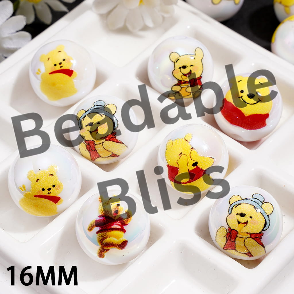 UV Coating Acrylic Beads for Bracelets w Honey Bear Character Series, 16MM, Random Mix