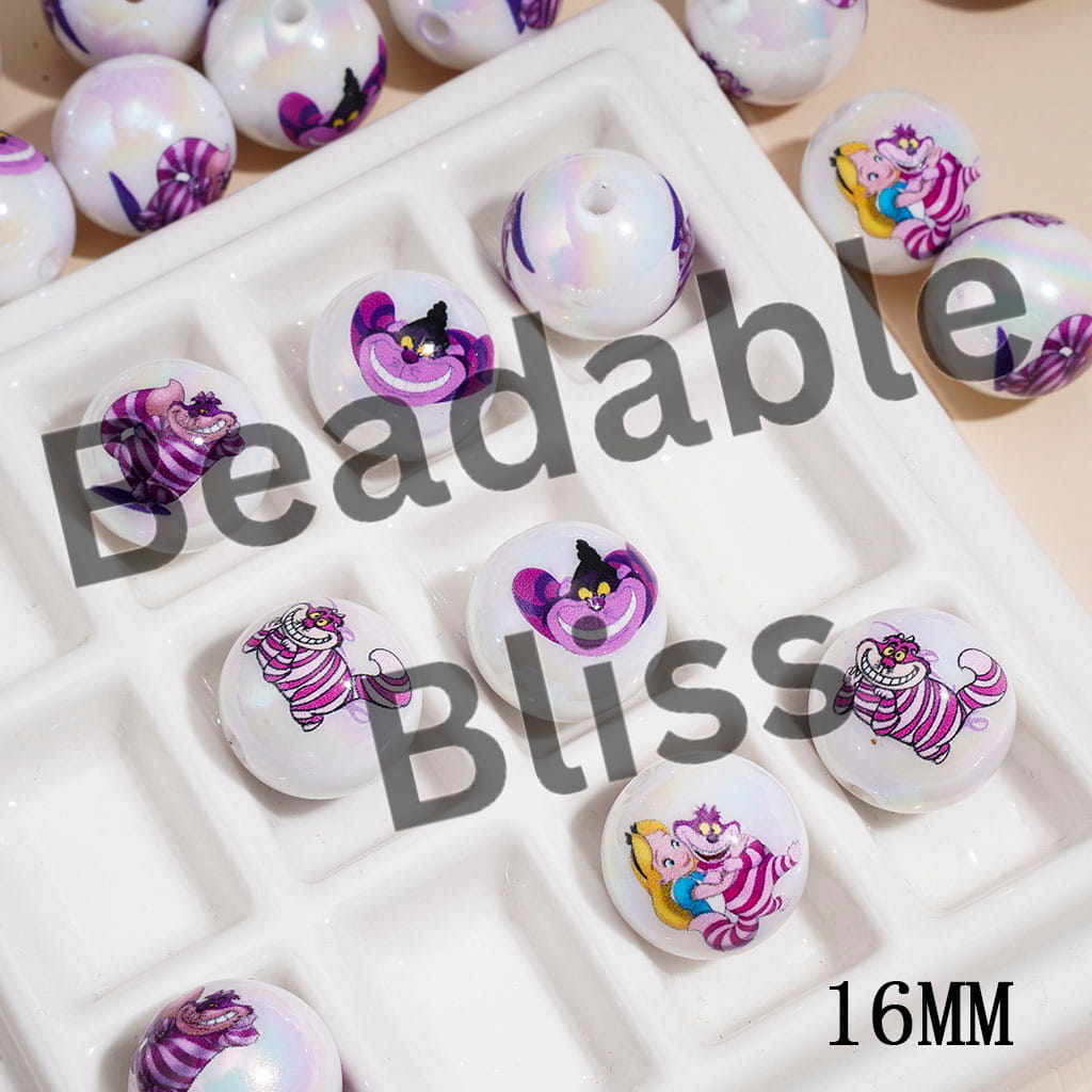 Acrylic Beads for Bracelets UV Coating w Girl and Laughing Cat Character Prints, 16MM, Random Mix