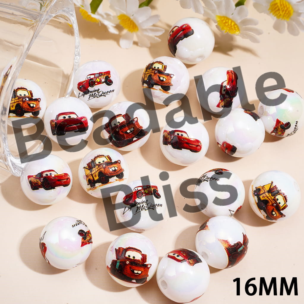 UV Coating Acrylic Beads for Bracelets w Sports Car Character Series, 16MM, Random Mix