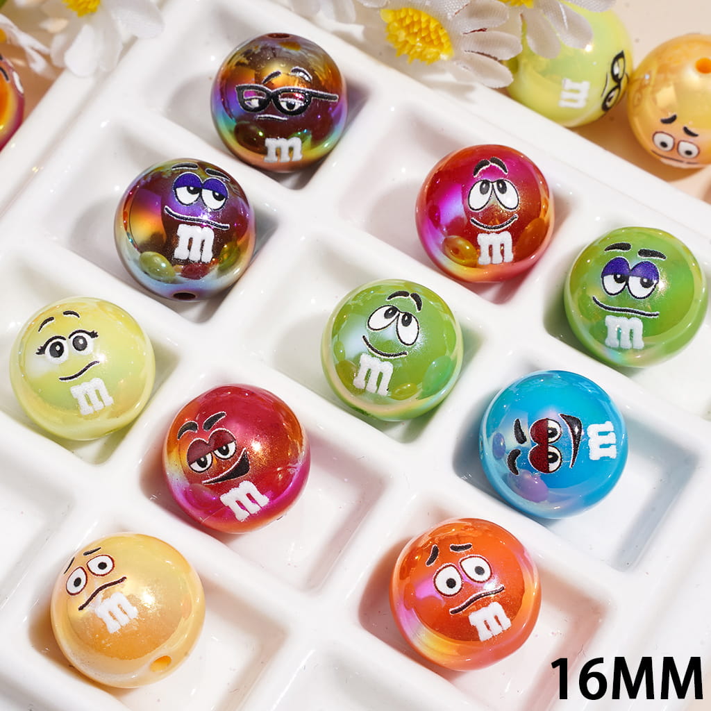 UV Coated Acrylic Beads for Bracelet with Candy Chip Style Emoji Print, 16MM, Random Mix