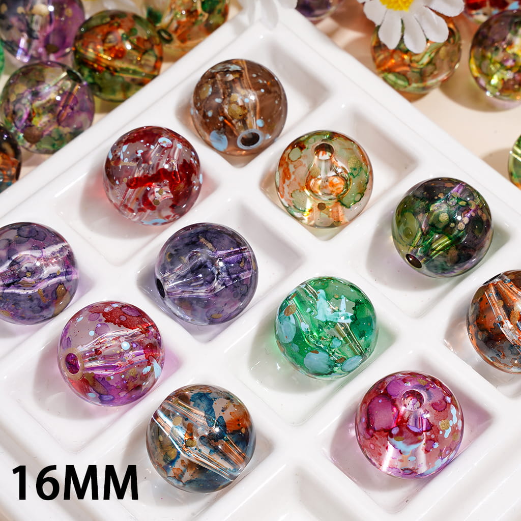 Transparent Acrylic Beads for Bracelet with Ink-Wash Splash Color Effect, 16MM, Random Mix