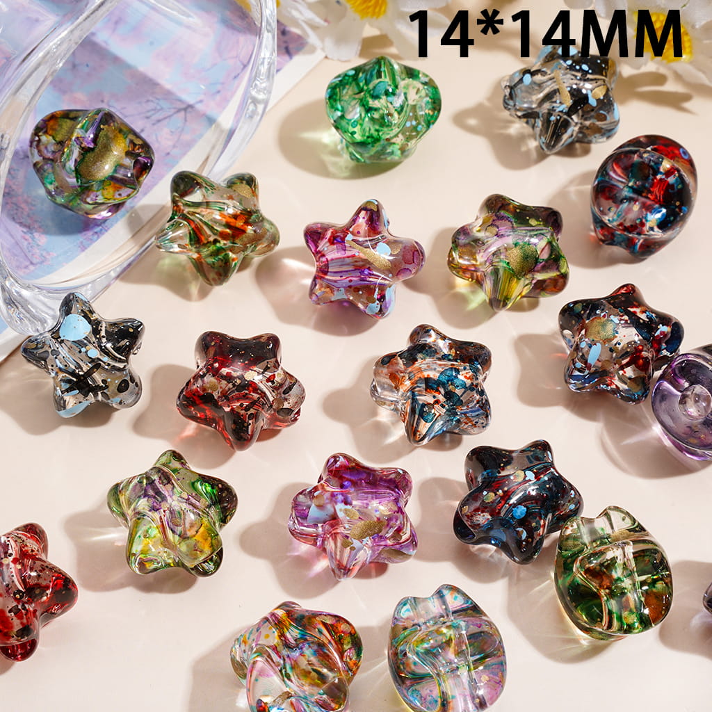 Transparent Star Shaped Acrylic Beads with Watercolor Ink Splash Effect, 14*14MM, Random Mix
