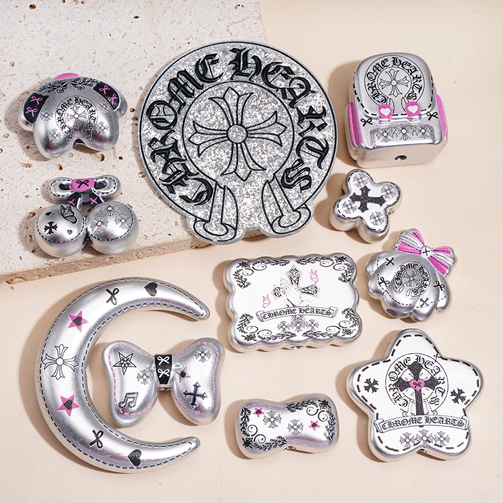 Acrylic Charms Pendants w Gothic Cross & Bow Series, Silver Metallic Finish, Black & Pink Theme, Random Mix