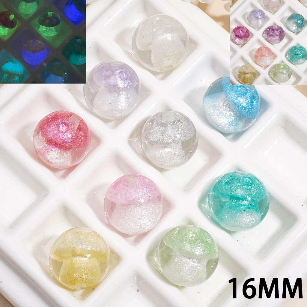 Luminous Acrylic Beads for Bracelets Mushroom Design, 16MM, Translucent, Multi-Color Random Mix