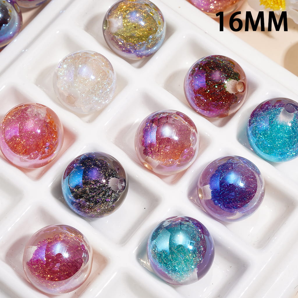 Dreamy Style Acrylic Beads for Bracelets with Lotus Bud and Glitter Embedded Inside, 16MM, Random Mix