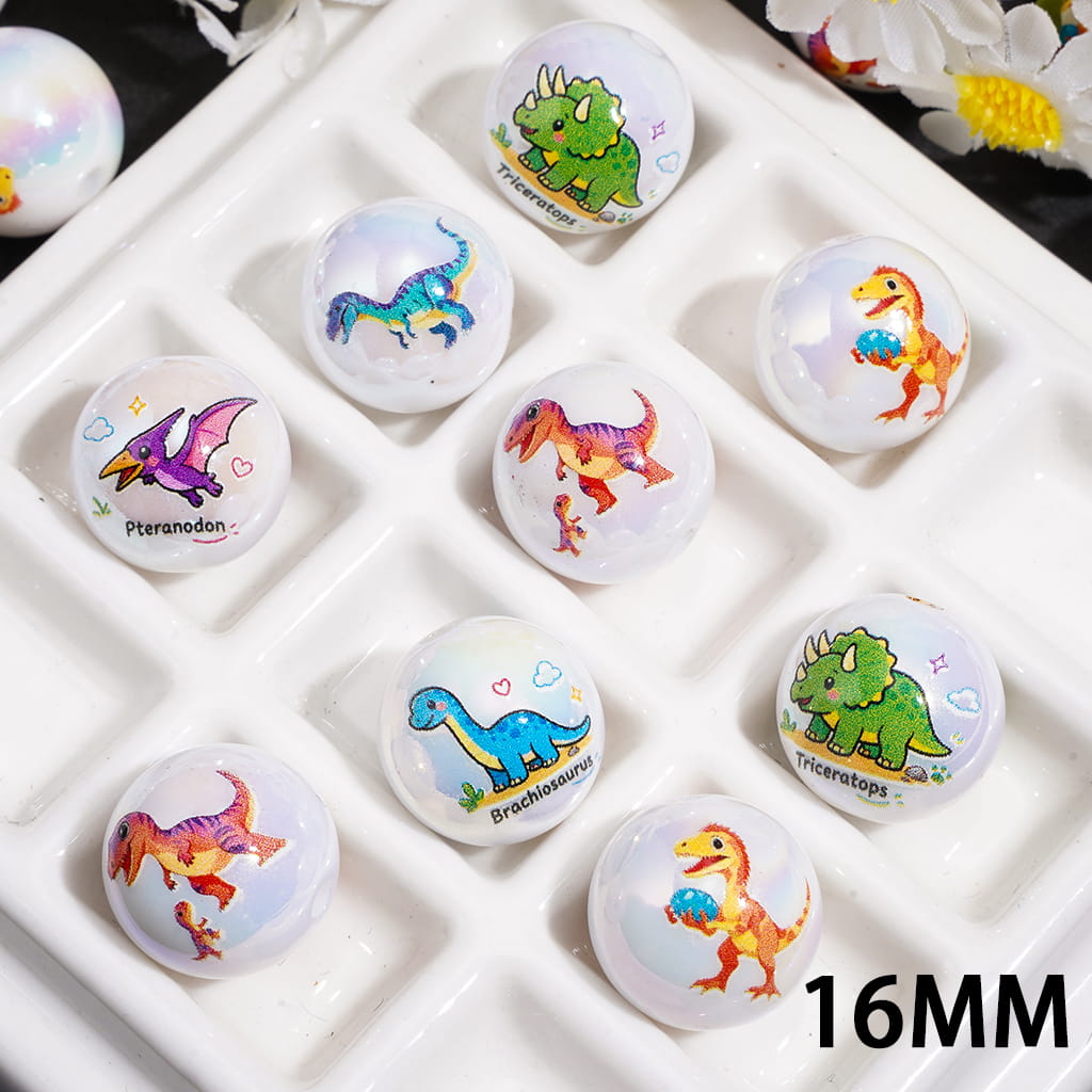 Cute Dinosaur Prints UV Coated Acrylic Beads for Bracelets, 16MM, Random Mix