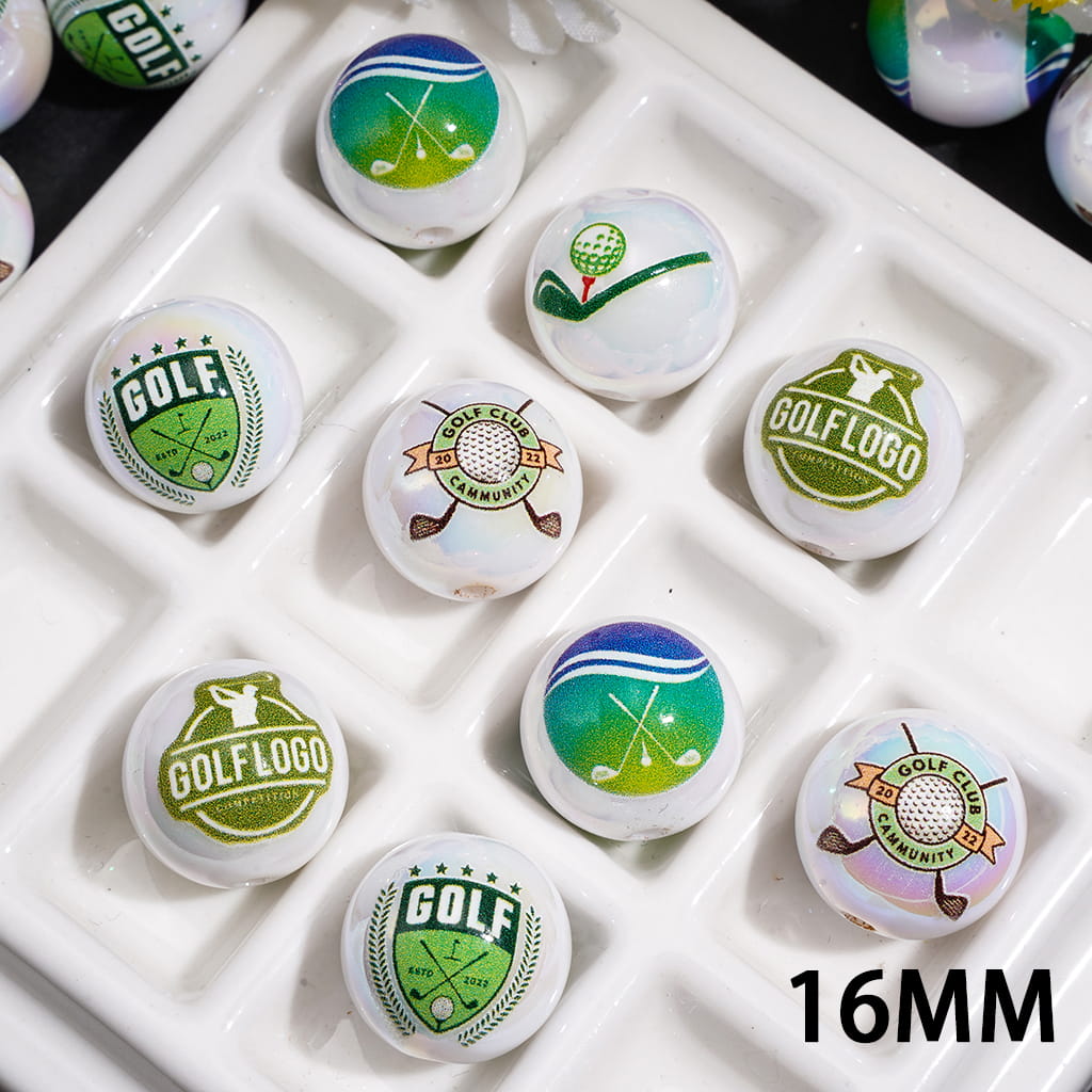 Sports Golf Theme Acrylic Beads for Bracelets UV Coating, 16MM, Random Mix
