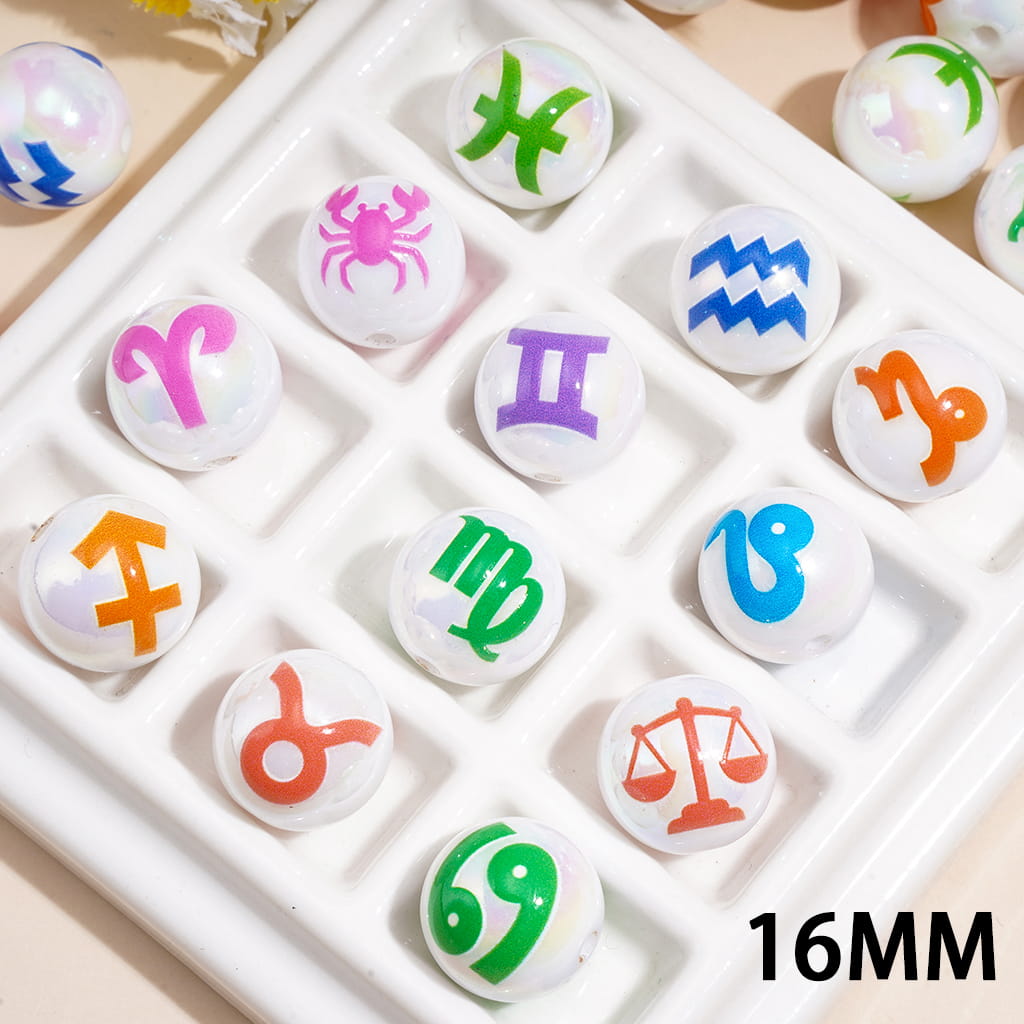 Twelve Constellations Series UV Coating Acrylic Beads for Bracelets, 16MM, Random Mix