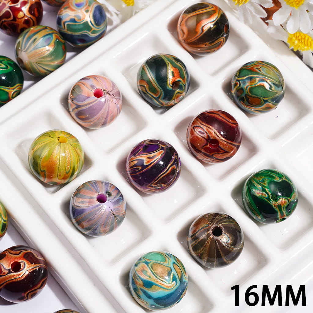 Acrylic Beads for Bracelets with Water Painting Patterns, 16MM, Random Mix
