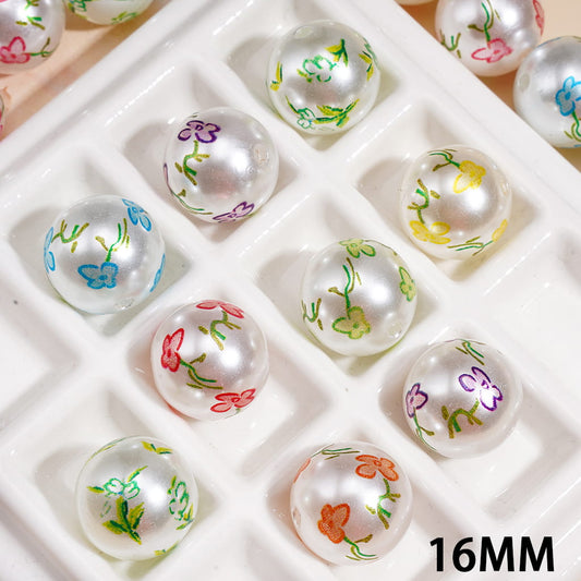 Flowers Printed Acrylic Beads for Bracelets or Necklaces, Pearl White, Assorted Colors, 16MM, Random Mix