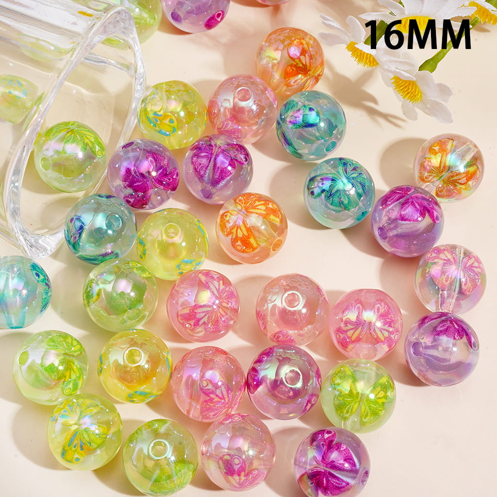 Acrylic Beads for Bracelets UV Coating with Butterfly Prints, Semi-Clear, 16MM, Random Mix
