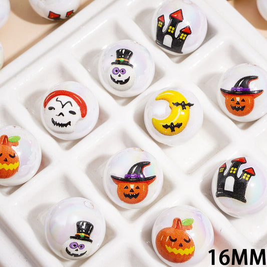 Halloween Printed Series UV Coating Acrylic Beads for Bracelets, 16MM, Random Mix