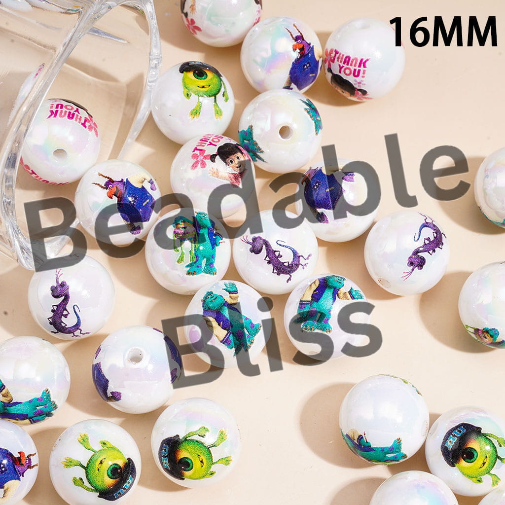 Acrylic Beads for Bracelets UV Coating w Monster Electric Power Company Printed, 16MM, Random Mix