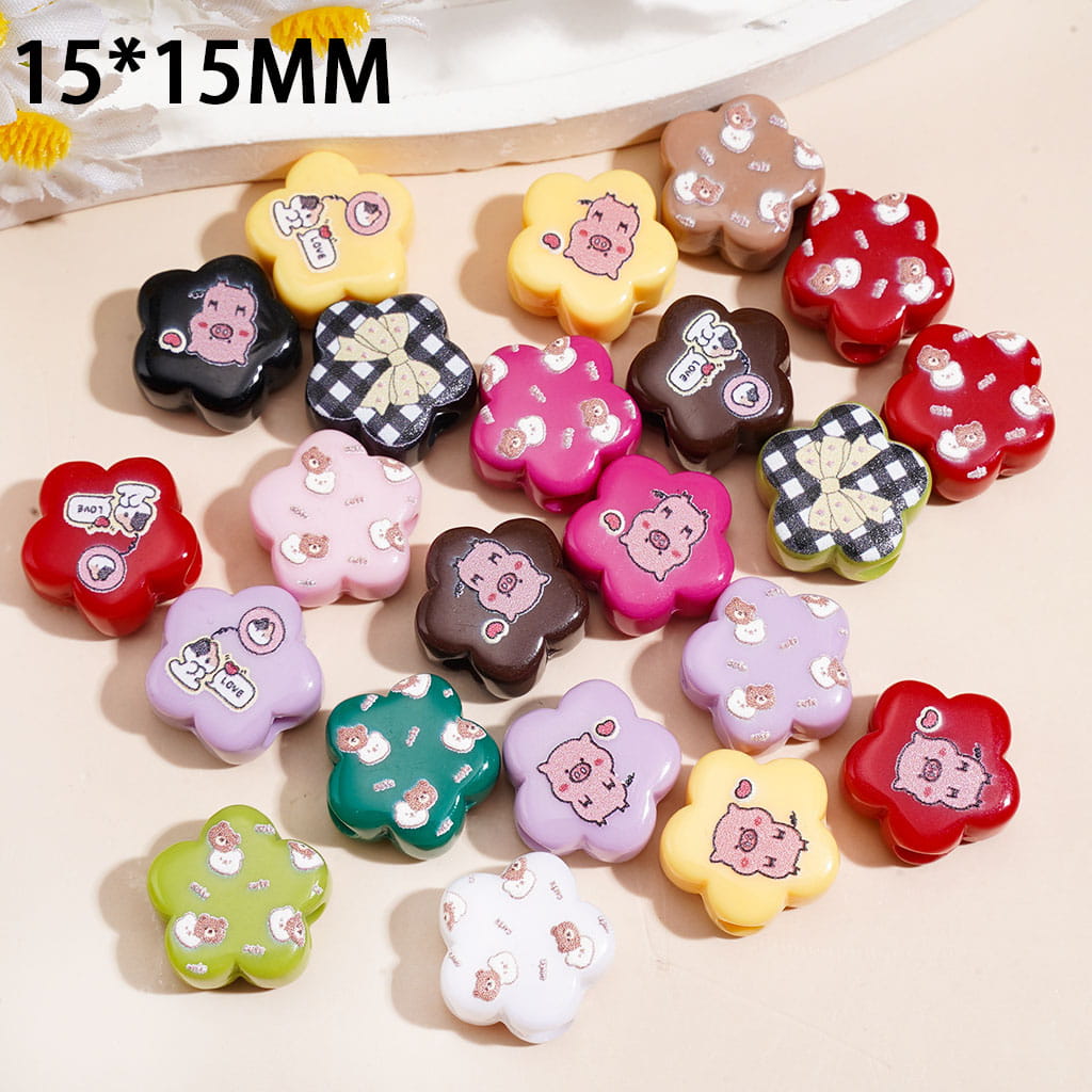 Tiny Five-Petaled Flower Acrylic Beads with Pig Bow Cat Bear Prints, 15*15MM, Random Mix
