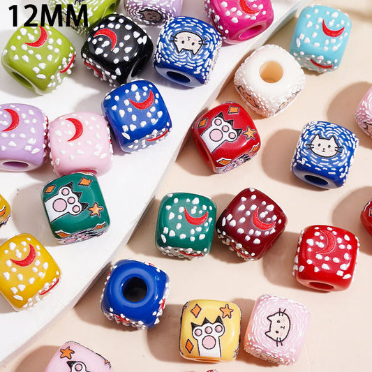 Cartoon Snow Moon Cat Hand-Printed Acrylic Beads, Cube Square Shape, 12MM, Random Mix