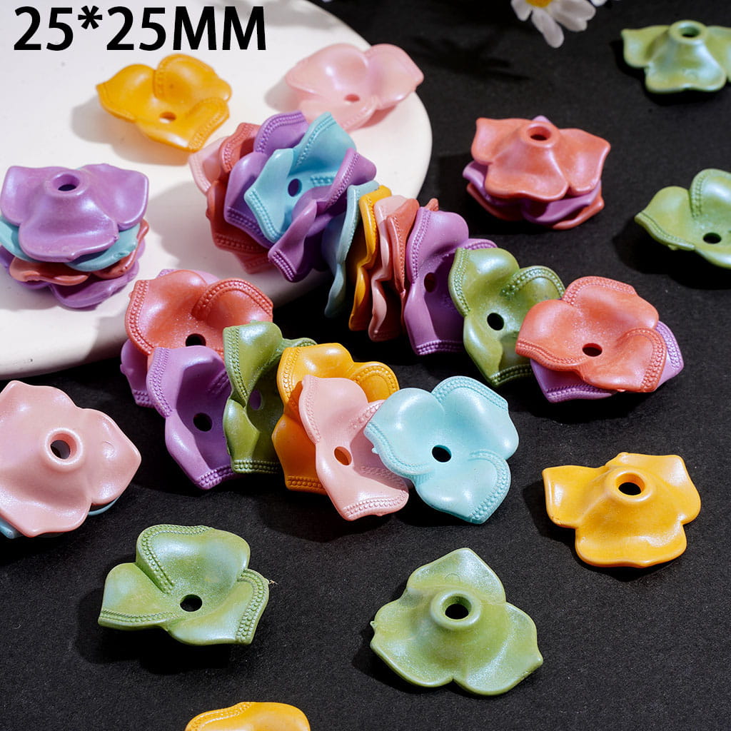 UV Coated Three-Petaled Flower Bead Cages, Acrylic Bead Cap, 25*25MM, Solid Colors, Random Mix (They Fit 16MM Beads)