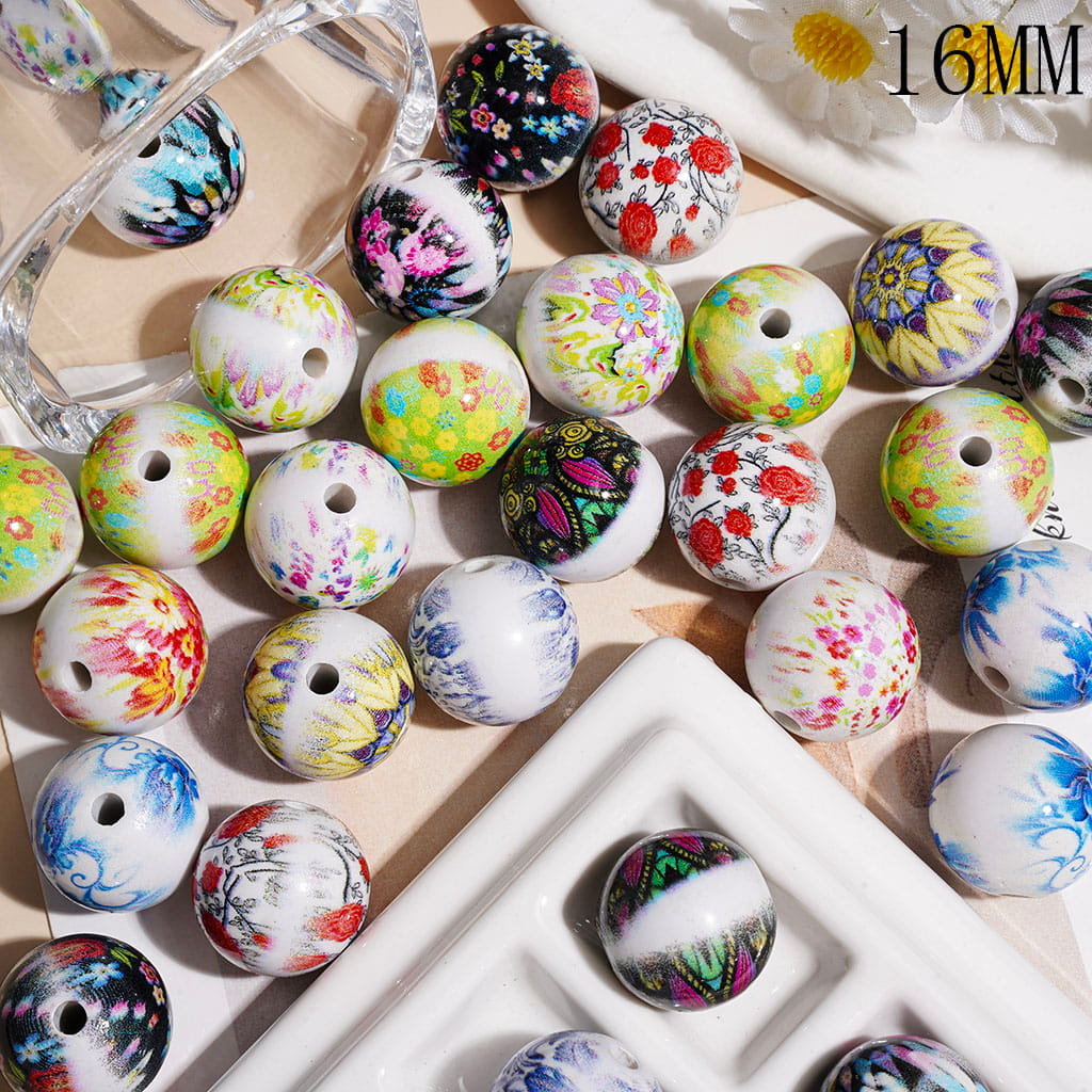 Acrylic Beads for Bracelets with Traditional Chinese-Style Flower and Star Prints, 16MM Multi-Color Random Mix