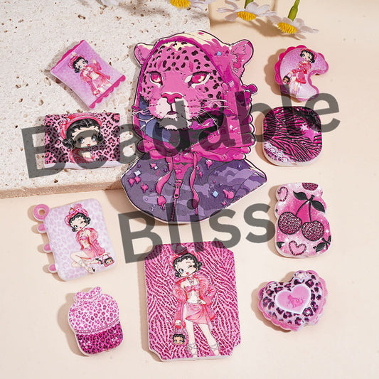 Leopard Printed Old Girl Character Acrylic Beads Pendants, Rose Pink Series, Random Mix