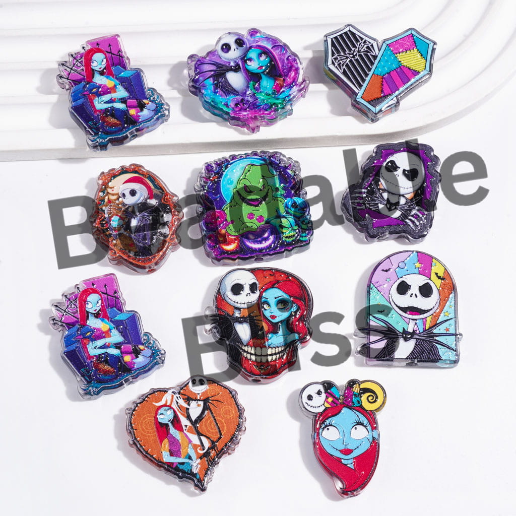 Halloween Theme Skull Skeleton Couple Character Acrylic Beads, Semi-Clear, Random Mix