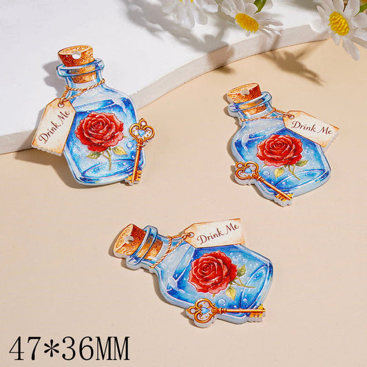 Acrylic Pendant Bottle Shape with Rose Flower and Key, 47*36MM
