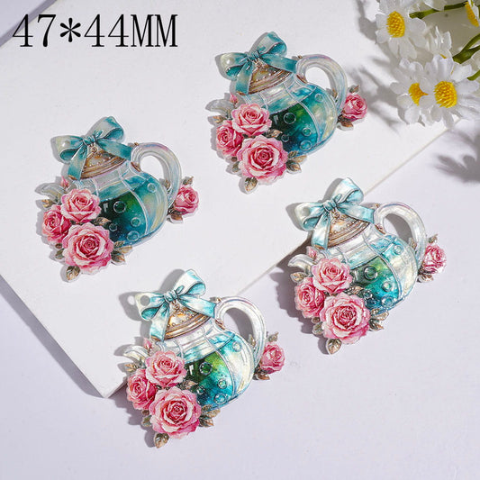 Water Teapot Shape with Rose Flower and Cyan Bow Acrylic Pendants 47*44MM