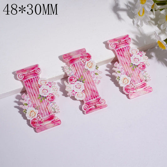 Acrylic Pendants Pink Marble Column Pillar with Rose Flower Leaf, 48*30MM